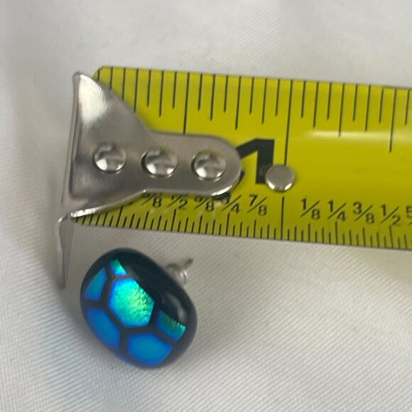 Blue & Green Iridescent Glass Stud Earrings With Honeycomb Design - Picture 6 of 6